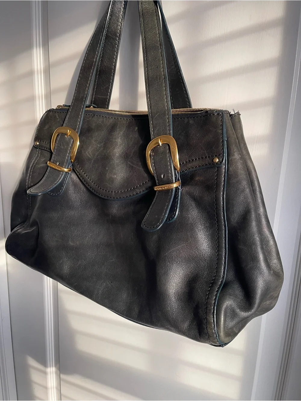 Vintage Michael Kors Anniversary Teal Blue Green Leather Tote Bag Gold Y2K